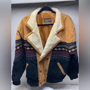 Vintage Tuskany Aztec Print Sherpa Jacket Coat Suede Leather Navajo Southwestern